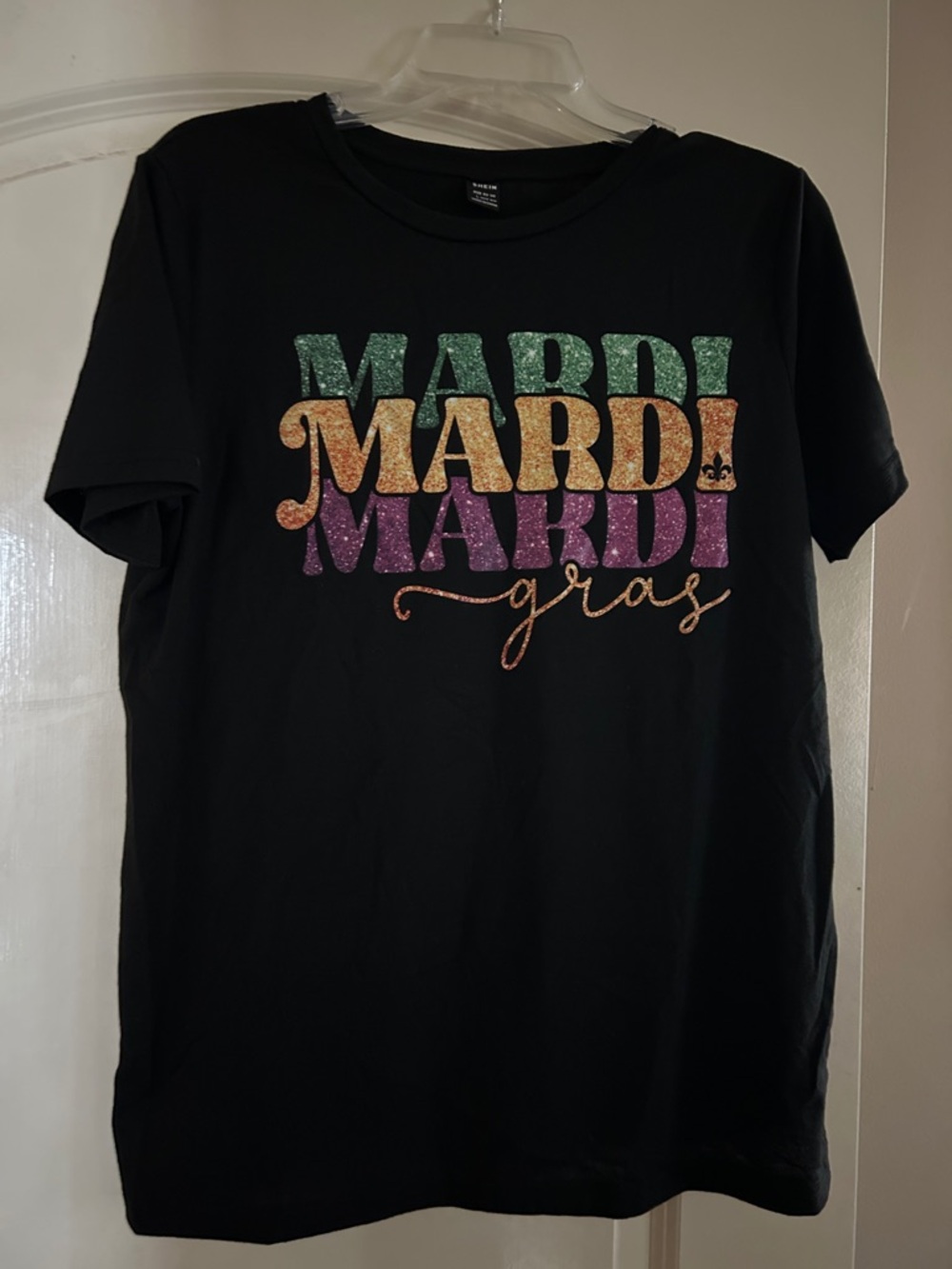 SHEIN Black Short Sleeve Tee with Green Gold and Purple Glitter "MARDI" Graphic